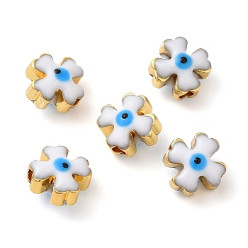 Golden Tone Brass Enamel Beads, Cadmium Free & Lead Free, Long-Lasting Plated, Cross with Evil Eye, White, 8x8x6mm, Hole: 1.8mm