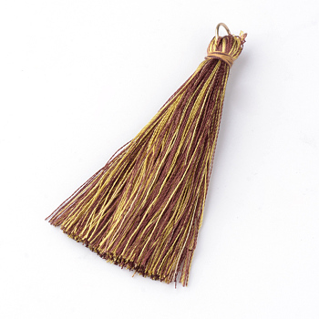 Nylon Thread Tassel Big Pendants Decoration, with Brass Findings, Golden, Saddle Brown, 63~66x7mm, Hole: 7mm