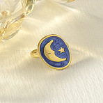 304 Stainless Steel Enamel Cuff Rings, Oval with Moon, Royal Blue, Inner Diameter: 15~20mm(FS-WG277BE-04)