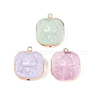 Brass Glass Pendants, Rectangle with Fox Charms, Light Gold, Mixed Color, 25~25.5x21.5~22.5x11~12mm, Hole: 1.6~1.8mm(KK-Q076-01KCG)