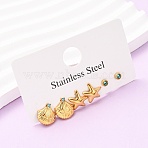 3 Pairs Ocean Series 304 Stainless Steel Starfish & Shell Shape Stud Earrings, with Rhinestone, Ion Plating(IP), Real 18K Gold Plated, 11~14x4~12.5mm(EJEW-K268-92G)
