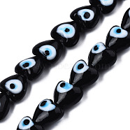 Handmade Evil Eye Lampwork Beads Strands, Heart, Black, 12~12.5x12~13x7.5mm, Hole: 1.2mm, about 33pcs/strand, 14.76 inch(37.5cm)(LAMP-N029-010B)