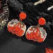 Pumpkin Pattern Glass Bead Handmade Stud Earrings for Halloween, Dark Orange, 55x42mm(KL7370)