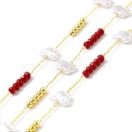 Handmade Eco-friendly Brass Cable Chain, with Glass & CCB Butterfly & Round Beaded, Long-Lasting Plated, Golden, Soldered, with Spool, Red, 7x10x3mm(CHC-E023-24G)
