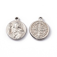 201 Stainless Steel Pendants, Flat Round with Cssml Ndsmd Cross God Father Religious Christianity, Stainless Steel Color, 17.7x14.5x2.5mm, Hole: 1.6mm(STAS-C057-23P)