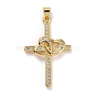 Cubic Zirconia Pendants, with Real 18K Gold Plated Brass Findings, Long-Lasting Plated, Lead Free & Cadmium Free, Cross with Heart, Clear, 35.5x22.5x3.5mm, Hole: 5x3mm(ZIRC-E165-01G-02)