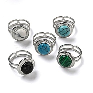 304 Stainless Steel Open Cuff Rings, Synthetic Malachite & Turquoise Round Finger Rings for Women Men, Stainless Steel Color, Adjustable(STAS-Z060-06P)