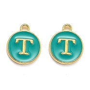 Golden Plated Alloy Enamel Charms, Enamelled Sequins, Flat Round with Alphabet, Letter.T, Green, 14x12x2mm, Hole: 1.5mm(X-ENAM-Q437-15T)