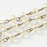 Handmade Electroplate Glass Faceted Rondelle Beads Chains for Necklaces Bracelets Making, with Antique Bronze Plated Brass Eye Pin, Unwelded, Beige, 39.4 inch, about 92pcs/strand(AJEW-JB00147-06)