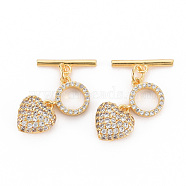 Brass Micro Pave Clear Cubic Zirconia Toggle Clasps, Nickel Free, Heart & Bar, Real 18K Gold Plated, Heart: 11.5x10.5x5mm, bar: 15.5x4x1.5mm, Hole: 1.5mm~1.8mm(KK-S354-295A-01-NF)