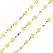 Dyed Natural Jade Round Beaded Chain, with Golden 304 Stainless Steel Satellite Chains, Unwelded, with Spool, Yellow, 2.5x1x0.3mm, 5x4mm, 3mm, about 32.81 Feet(10m)/Roll(CHS-C006-01I)