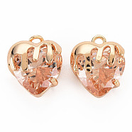 Brass Micro Pave Cubic Zirconia Charms, Real 18K Gold Plated, Nickel Free, Heart, PeachPuff, 13x11x7.5mm, Hole: 1.6mm(KK-N232-302A-05)