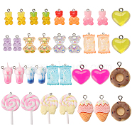 68pcs 17 style Resin Pendants, Imitation Food, with Platinum Tone Iron Loop and Polymer Clay, Mixed Color, 16.5~56x11~30x5.5~13mm, Hole: 1.8~2.5mm, 4pcs/style(RESI-SC0002-22)