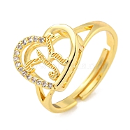 Heart with Letter Rack Plating Brass Micro Pave Cubic Zirconia Adjustable Rings for Women, Lead Free & Cadmium Free, Real 18K Gold Plated, Letter K, Inner Diameter: 16mm(RJEW-I105-06G-K)