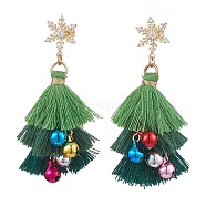 Polycotton Tassels Christmas Tree & Bell Stud Dangle Earring, Brass Cubic Zirconia Snowflake Earring for Women, Green, 58.5x24mm(EJEW-JE06076)