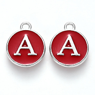 Platinum Plated Alloy Enamel Charms, Cadmium Free & Lead Free, Enamelled Sequins, Flat Round with Letter, Red, Letter.A, 14x12x2mm, Hole: 1.5mm(ENAM-S118-03A-P)