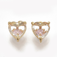 Brass Cubic Zirconia Charms, Nickel Free, Heart, Real 18K Gold Plated, Pearl Pink, 10x8.5x6.5mm, Hole: 1mm(X-KK-T050-06G-03-NF)