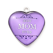 Mother's Day Alloy Pendants, with Glass, Platinum, Heart Charm with Word Mom, Lilac, 23x20.5x4mm, Hole: 2mm(FIND-A014-01A)