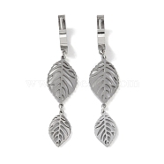 Hollow Leaf 304 Stainless Steel Dangle Earrings, Hoop Earrings for Women, Stainless Steel Color, 52x12mm(EJEW-L283-031P)