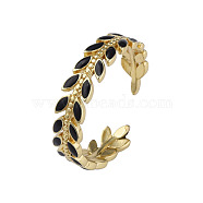 Enamel Leaf Open Cuff Rings, Real 18K Gold Plated Brass Jewelry for Women, Nickel Free, Black, US Size 8 1/2(18.5mm)(RJEW-N035-131)