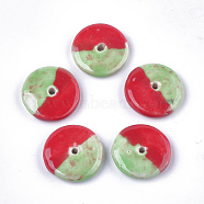 Handmade Porcelain Beads, Fancy Antique Glazed Porcelain, Two Tone, Flat Round, Light Green, 21~22x5mm, Hole: 1.5~2.5mm(PORC-S498-56D)