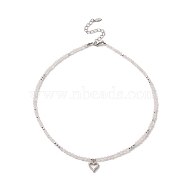 Clear Cubic Zirconia Heart Pendant Necklace with Natural Rose Quartz Beaded Chains for Women, 15.94 inch(40.5cm), Pendant: 12x10x2mm.(NJEW-JN04271-02)