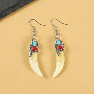 Natural Gemstone Wolf Tooth Shape Dangle Earrings with Real Tibetan Mastiff Dog Tooth(FX9729-2)