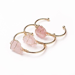 Long-Lasting Plated Brass Cuff Bangles, with Natural Rose Quartz, Nuggets, Golden, 1-3/8 inchesx2-3/8 inches(3.8x6cm), 2.8mm(BJEW-F394-A05)