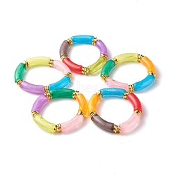 Imitation Gemstone Acrylic Curved Tube Beads Stretch Bracelets, Brass Beads, Colorful, 3/8 inch(1.1cm), Inner Diameter: 2-1/8 inch(5.5cm)(BJEW-JB06588)