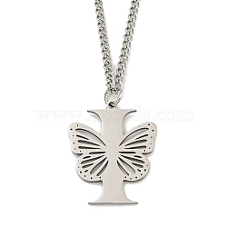 201 Stainless Steel Necklaces, Letter I, 23.74 inch(60.3cm) p: 32.5x26.5x1.3mm(NJEW-Q336-01I-P)