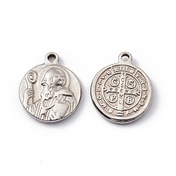 Non-Tarnish 201 Stainless Steel Pendants, Flat Round with Cssml Ndsmd Cross God Father Religious Christianity, Stainless Steel Color, 17.7x14.5x2.5mm, Hole: 1.6mm(STAS-C057-23P)