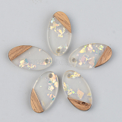 Transparent Resin & Walnut Wood Pendants, with Glitter Sequins, Oval, Clear, 20x11x3mm, Hole: 2mm(RESI-S389-041A-E01)