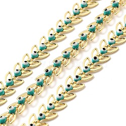 Handmade Brass Leaf Link Chain, with Medium Turquoise Enamel Evil Eye Beaded, Lead Free & Cadmium Free, Unwelded, with Spool, Real 18K Gold Plated, 6x6x2mm(CHC-G017-08G)