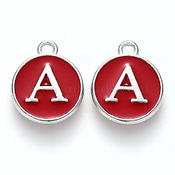 Platinum Plated Alloy Enamel Charms, Cadmium Free & Lead Free, Enamelled Sequins, Flat Round with Letter, Red, Letter.A, 14x12x2mm, Hole: 1.5mm(ENAM-S118-03A-P)