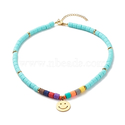 Handmada Polymer Clay & Synthetic Hematite Necklaces, 304 Stainless Steel Smiling Face Pendant Necklaces, with Lobster Claw Clasps, Medium Turquoise, 18.11 inch(46cm)(NJEW-JN03788-04)