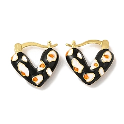 Rack Plating Brass Enamel Hoop Earrings, Cadmium Free & Lead Free, Long-Lasting Plated, Heart, Real 18K Gold Plated, Black, 16x4.5mm(EJEW-B062-11G-04)