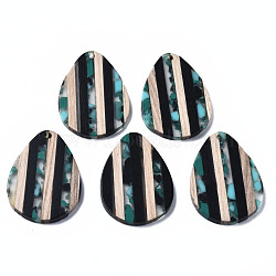 Stripe Resin & Walnut Wood Pendants, Teardrop, Light Sea Green, 36x26x3mm, Hole: 1.8mm(RESI-N025-015A-D01)