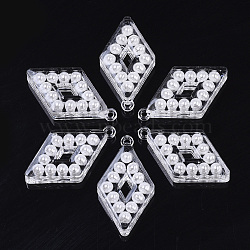 Transparent Acrylic Pendants, with ABS Plastic Imitation Pearl, Rhombus, White, 44x24x8mm, Hole: 2mm(TACR-R146-007)