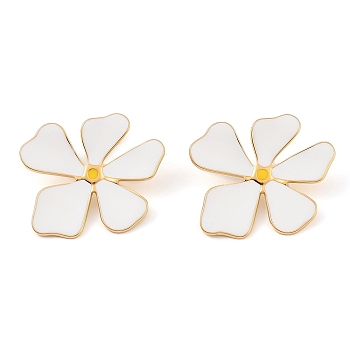 304 Stainless Steel Stud Earrings for Women, with Enamel, Little Daisy Flower, Golden, White, 32x34mm