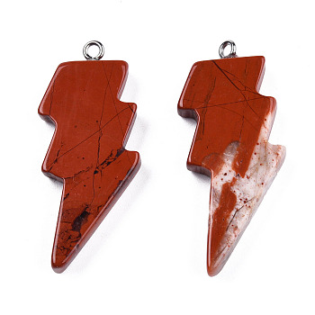 Natural Red Jasper Pendants, Lightning Bolt Charm, with Stainless Steel Color Tone 304 Stainless Steel Loops, 40~44.5x17~20x4.5~6mm, Hole: 2mm