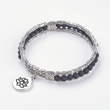 Natural Lava Rock Beads Bangles, with Tibetan Style Alloy Lotus Pendants and Finding and Rectangle OPP Cellophane Bags, Antique Silver, 2 inch(50mm)