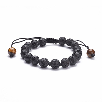 8mm Round Natural Lava Rock Braided Beads Bracelet, Oil Diffuser Yoga Bracelet for Men Women, Black, Inner Diameter: 2-1/8~3-1/2 inch(5.3~8.8cm), Beads: 8~8.5mm