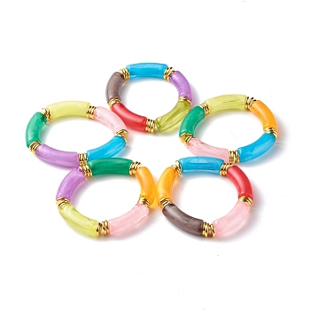 Imitation Gemstone Acrylic Curved Tube Beads Stretch Bracelets, Brass Beads, Colorful, 3/8 inch(1.1cm), Inner Diameter: 2-1/8 inch(5.5cm)