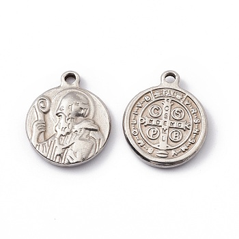 201 Stainless Steel Pendants, Flat Round with Cssml Ndsmd Cross God Father Religious Christianity, Stainless Steel Color, 17.7x14.5x2.5mm, Hole: 1.6mm