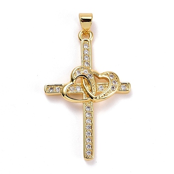 Cubic Zirconia Pendants, with Real 18K Gold Plated Brass Findings, Long-Lasting Plated, Lead Free & Cadmium Free, Cross with Heart, Clear, 35.5x22.5x3.5mm, Hole: 5x3mm