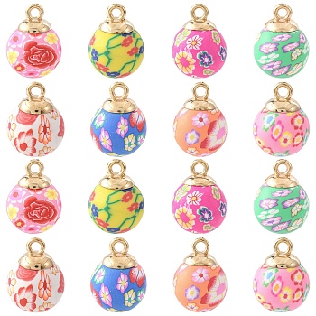 20Pcs Handmade Polymer Clay Pendants, Round with Flower Pattern, with CCB Findings, Mixed Color, 22~23x15~16.5mm, Hole: 2.5mm