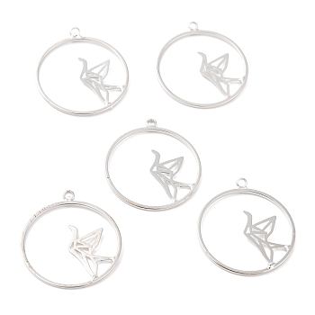 Alloy Hollow Pendants, Ring with Paper Crane, Platinum, 28x25x1mm, Hole: 1.8mm