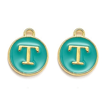 Golden Plated Alloy Enamel Charms, Enamelled Sequins, Flat Round with Alphabet, Letter.T, Green, 14x12x2mm, Hole: 1.5mm