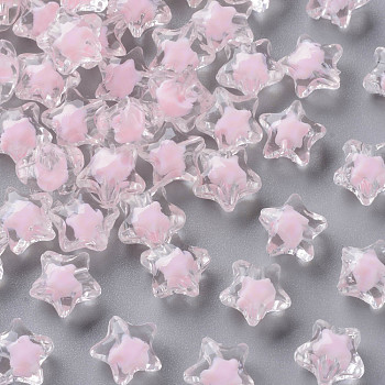 Transparent Acrylic Beads, Bead in Bead, Faceted, Star, Pink, 10.5x11x7mm, Hole: 2mm, about 1280pcs/500g