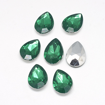 Acrylic Rhinestone Pointed Back Cabochons, Faceted, Bottom Silver Plated, teardrop, Dark Green, 18x13x4.5~4.8mm